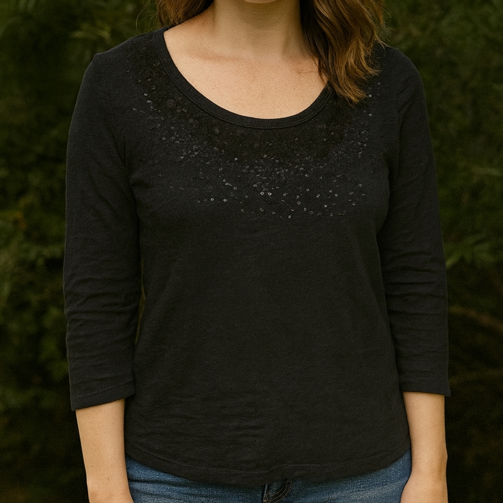 Talbots Black Sequined Yoke Scoop Neck Tee 3/4 Length Sleeves